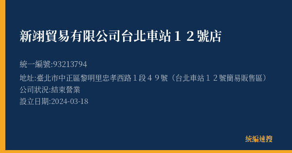 新翊貿易有限公司台北車站12號店的照片-統編 93213794(臺北市) 公司登記資料與營業項目詳細圖表