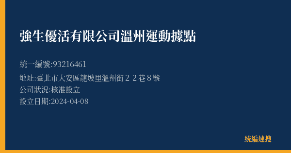 強生優活有限公司溫州運動據點的照片-統編 93216461(臺北市) 公司登記資料與營業項目詳細圖表