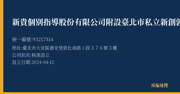 新貴個別指導股份有限公司附設臺北市私立新創敦南文理短期補習班的照片-統編 93217314(臺北市) 公司登記資料與營業項目詳細圖表