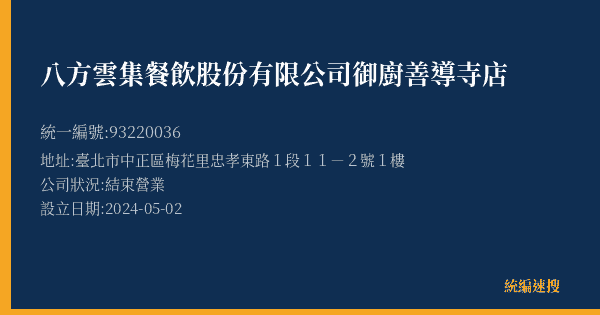 八方雲集餐飲股份有限公司御廚善導寺店的照片-統編 93220036(臺北市) 公司登記資料與營業項目詳細圖表
