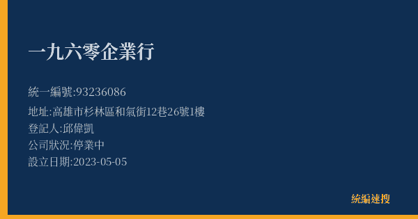 一九六零企業行的照片-統編 93236086(高雄市) 公司登記資料與營業項目詳細圖表