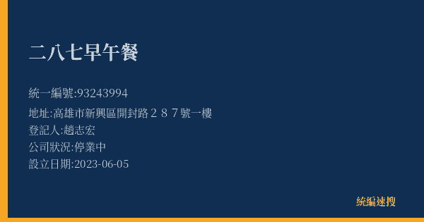 二八七早午餐的照片-統編 93243994(高雄市) 公司登記資料與營業項目詳細圖表