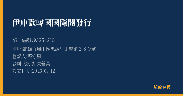 伊庫歐韓國國際開發行的照片-統編 93254210(高雄市) 公司登記資料與營業項目詳細圖表
