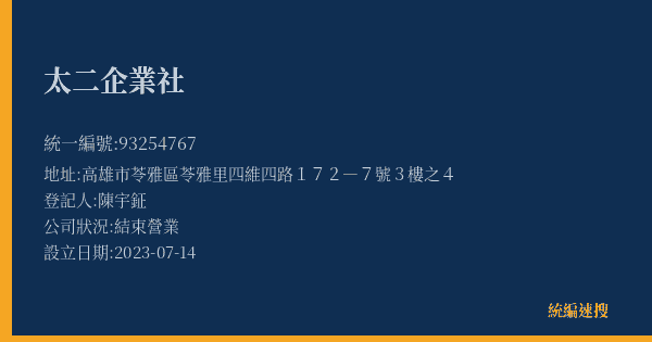 太二企業社的照片-統編 93254767(高雄市) 公司登記資料與營業項目詳細圖表