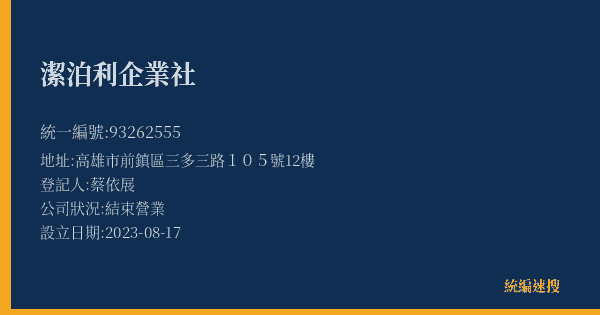 潔泊利企業社的照片-統編 93262555(高雄市) 公司登記資料與營業項目詳細圖表