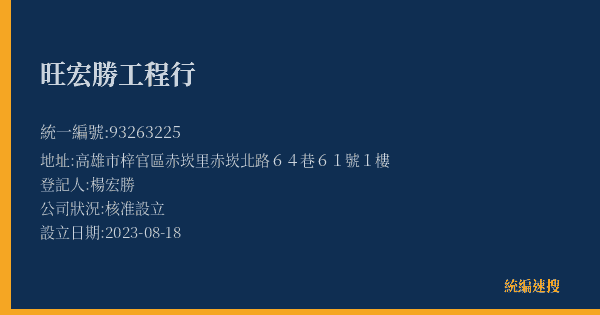 旺宏勝工程行的照片-統編 93263225(高雄市) 公司登記資料與營業項目詳細圖表
