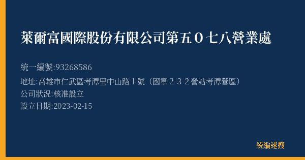萊爾富國際股份有限公司第五0七八營業處的照片-統編 93268586(高雄市) 公司登記資料與營業項目詳細圖表