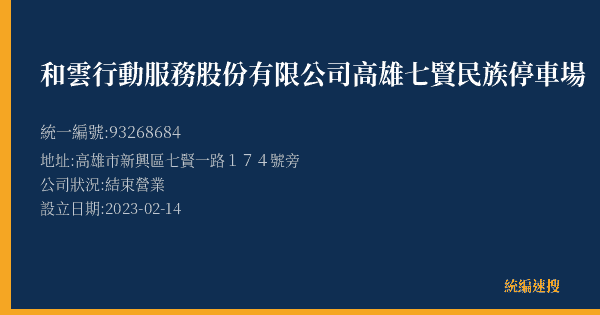 和雲行動服務股份有限公司高雄七賢民族停車場的照片-統編 93268684(高雄市) 公司登記資料與營業項目詳細圖表