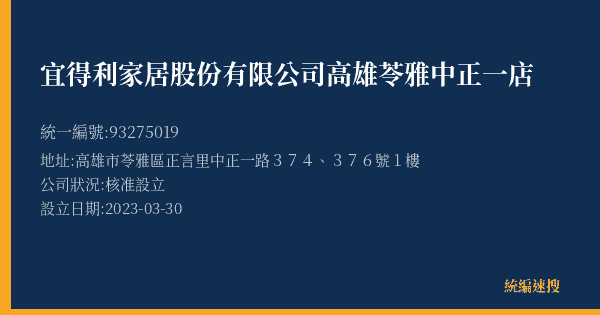 宜得利家居股份有限公司高雄苓雅中正一店的照片-統編 93275019(高雄市) 公司登記資料與營業項目詳細圖表