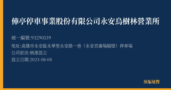 俥亭停車事業股份有限公司永安烏樹林營業所的照片-統編 93290139(高雄市) 公司登記資料與營業項目詳細圖表