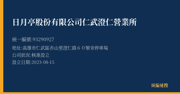 日月亭股份有限公司仁武澄仁營業所的照片-統編 93290927(高雄市) 公司登記資料與營業項目詳細圖表