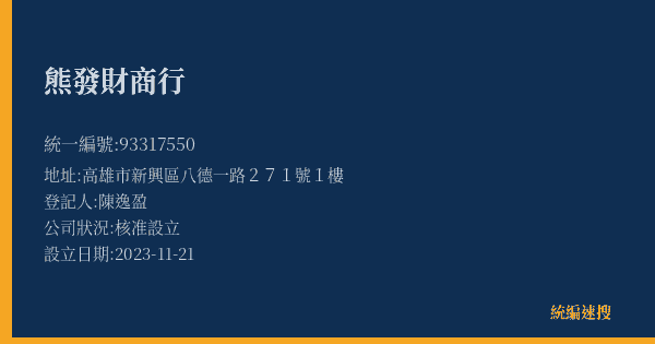 熊發財商行的照片-統編 93317550(高雄市) 公司登記資料與營業項目詳細圖表