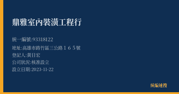 鼎雅室內裝潢工程行的照片-統編 93318122(高雄市) 公司登記資料與營業項目詳細圖表