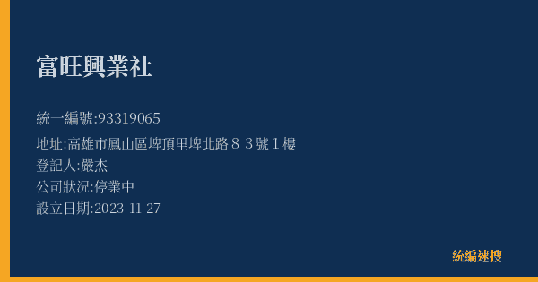富旺興業社的照片-統編 93319065(高雄市) 公司登記資料與營業項目詳細圖表