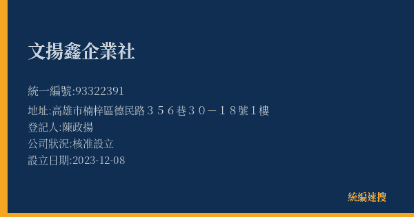 文揚鑫企業社的照片-統編 93322391(高雄市) 公司登記資料與營業項目詳細圖表