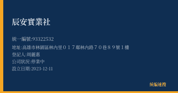 辰安實業社的照片-統編 93322532(高雄市) 公司登記資料與營業項目詳細圖表