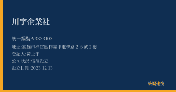 川宇企業社的照片-統編 93323103(高雄市) 公司登記資料與營業項目詳細圖表