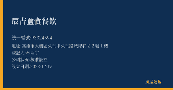 辰吉盒食餐飲的照片-統編 93324594(高雄市) 公司登記資料與營業項目詳細圖表