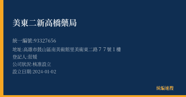 美東二新高橋藥局的照片-統編 93327656(高雄市) 公司登記資料與營業項目詳細圖表