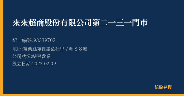 來來超商股份有限公司第二一三一門市的照片-統編 93339702(苗栗縣) 公司登記資料與營業項目詳細圖表