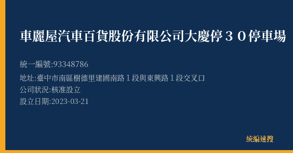 車麗屋汽車百貨股份有限公司大慶停30停車場的照片-統編 93348786(臺中市) 公司登記資料與營業項目詳細圖表