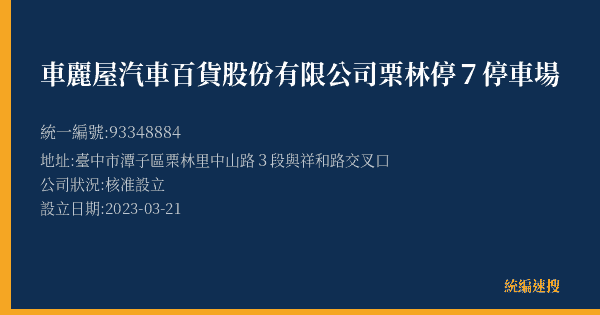 車麗屋汽車百貨股份有限公司栗林停7停車場的照片-統編 93348884(臺中市) 公司登記資料與營業項目詳細圖表