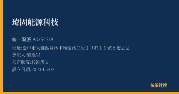 瑋固能源科技的照片-統編 93354718(臺中市) 公司登記資料與營業項目詳細圖表