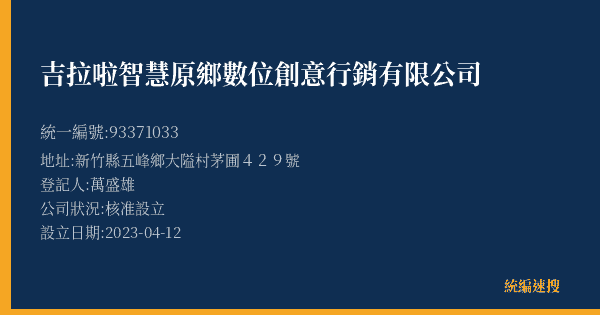 吉拉啦智慧原鄉數位創意行銷有限公司的照片-統編 93371033(新竹縣) 公司登記資料與營業項目詳細圖表