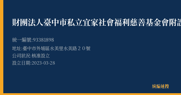 財團法人臺中市私立宜家社會福利慈善基金會附設樂扶生活坊的照片-統編 93381898(臺中市) 公司登記資料與營業項目詳細圖表