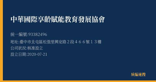 中華國際享齡賦能教育發展協會的照片-統編 93382496(臺中市) 公司登記資料與營業項目詳細圖表