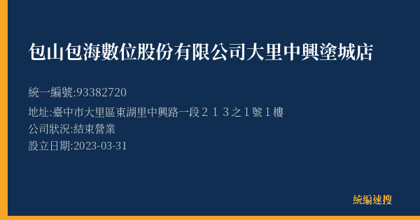 包山包海數位股份有限公司大里中興塗城店的照片-統編 93382720(臺中市) 公司登記資料與營業項目詳細圖表