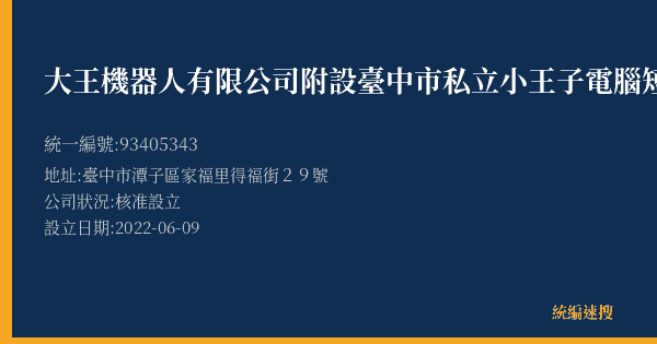 大王機器人有限公司附設臺中市私立小王子電腦短期補習班的照片-統編 93405343(臺中市) 公司登記資料與營業項目詳細圖表