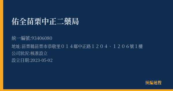 佑全苗栗中正二藥局的照片-統編 93406080(苗栗縣) 公司登記資料與營業項目詳細圖表