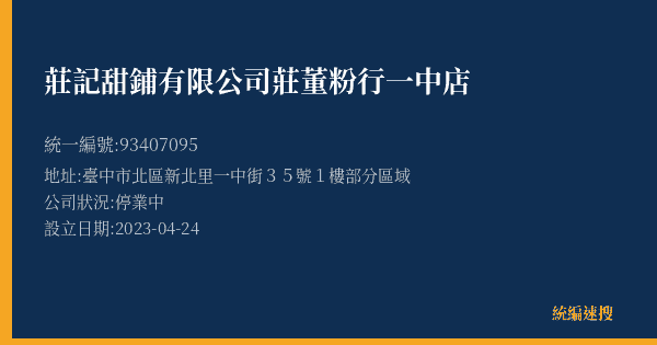 莊記甜鋪有限公司莊董粉行一中店的照片-統編 93407095(臺中市) 公司登記資料與營業項目詳細圖表