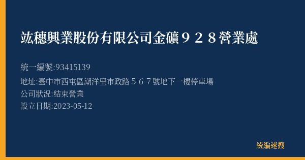 竑穗興業股份有限公司金礦928營業處的照片-統編 93415139(臺中市) 公司登記資料與營業項目詳細圖表