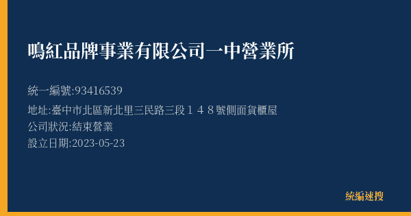 鳴紅品牌事業有限公司一中營業所的照片-統編 93416539(臺中市) 公司登記資料與營業項目詳細圖表