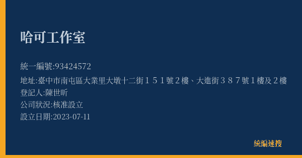哈可工作室的照片-統編 93424572(臺中市) 公司登記資料與營業項目詳細圖表