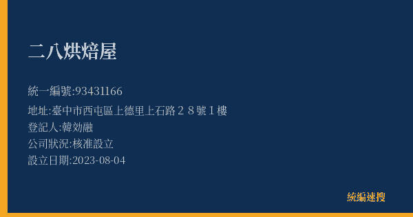 二八烘焙屋的照片-統編 93431166(臺中市) 公司登記資料與營業項目詳細圖表