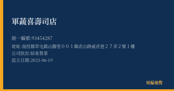 軍蔬喜壽司店的照片-統編 93454287(南投縣) 公司登記資料與營業項目詳細圖表