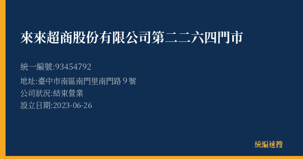 來來超商股份有限公司第二二六四門市的照片-統編 93454792(臺中市) 公司登記資料與營業項目詳細圖表
