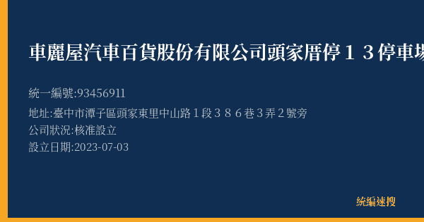 車麗屋汽車百貨股份有限公司頭家厝停13停車場的照片-統編 93456911(臺中市) 公司登記資料與營業項目詳細圖表