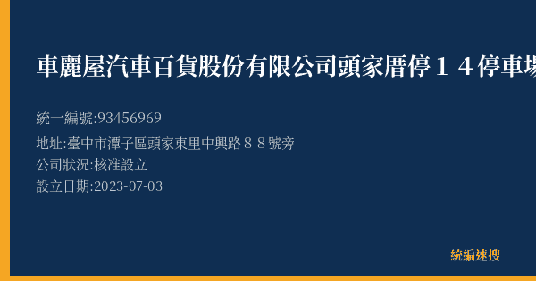 車麗屋汽車百貨股份有限公司頭家厝停14停車場的照片-統編 93456969(臺中市) 公司登記資料與營業項目詳細圖表