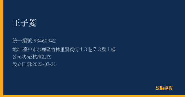 王子菱的照片-統編 93460942(臺中市) 公司登記資料與營業項目詳細圖表
