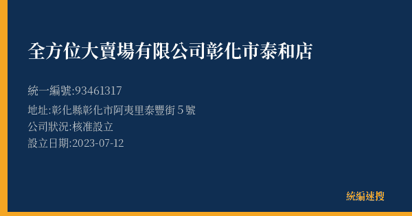 全方位大賣場有限公司彰化市泰和店的照片-統編 93461317(彰化縣) 公司登記資料與營業項目詳細圖表