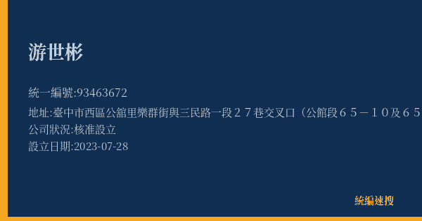 游世彬的照片-統編 93463672(臺中市) 公司登記資料與營業項目詳細圖表