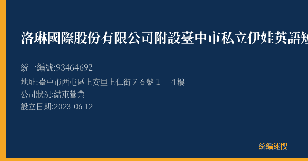 洛琳國際股份有限公司附設臺中市私立伊娃英語短期補習班的照片-統編 93464692(臺中市) 公司登記資料與營業項目詳細圖表