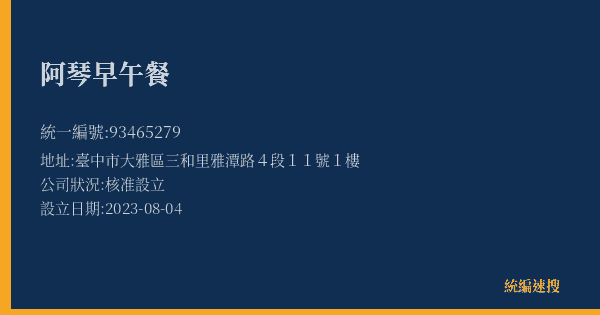 阿琴早午餐的照片-統編 93465279(臺中市) 公司登記資料與營業項目詳細圖表