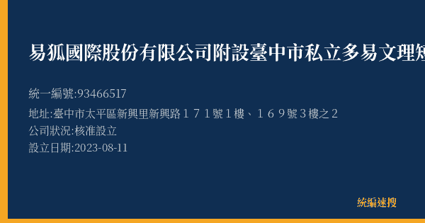 易狐國際股份有限公司附設臺中市私立多易文理短期補習班的照片-統編 93466517(臺中市) 公司登記資料與營業項目詳細圖表