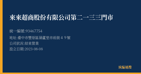 來來超商股份有限公司第二一三三門市的照片-統編 93467754(臺中市) 公司登記資料與營業項目詳細圖表