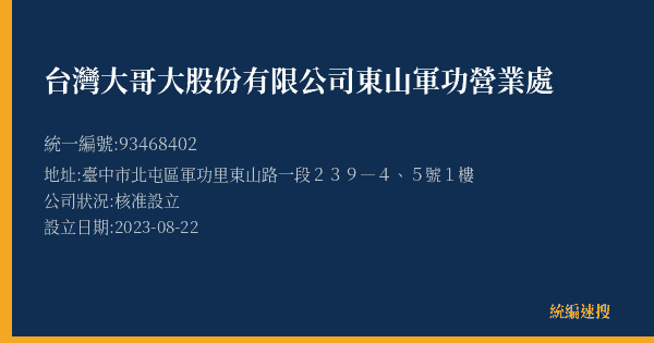 台灣大哥大股份有限公司東山軍功營業處的照片-統編 93468402(臺中市) 公司登記資料與營業項目詳細圖表